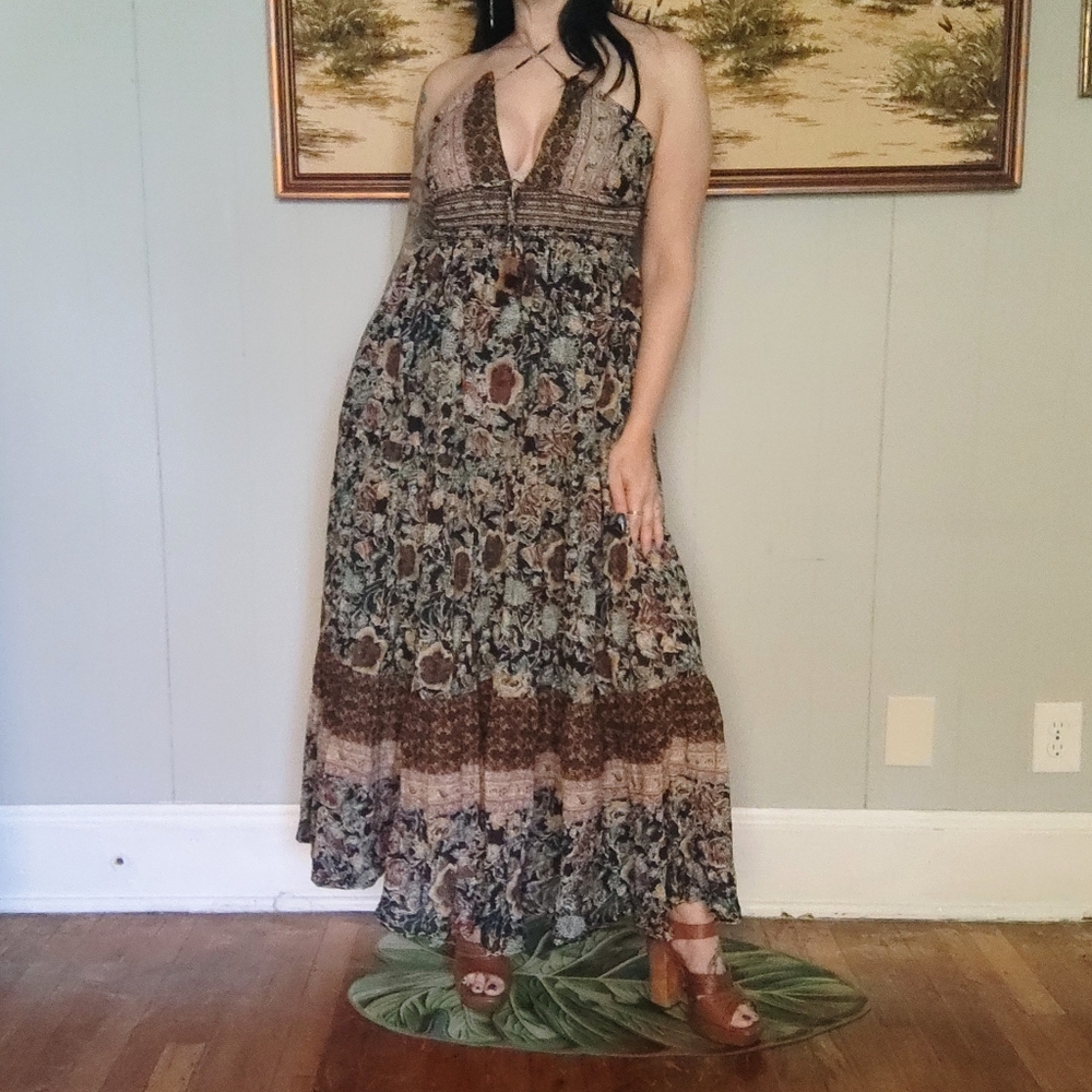 Free People Real Love Strappy Boho Brown Floral Maxi Halter Dress Small Pockets - Picture 3 of 14